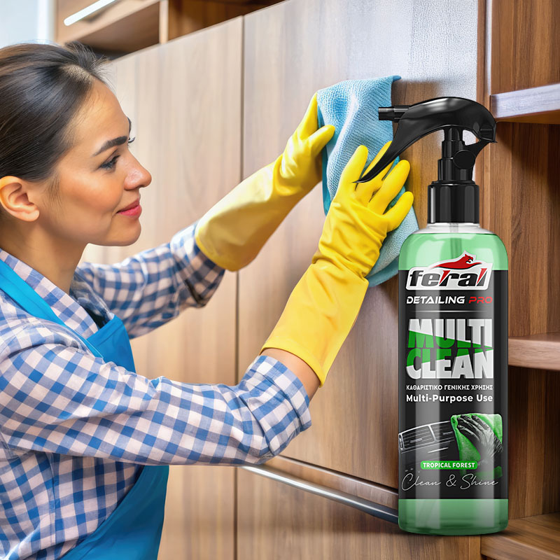 Rear view of a young man using detergent for and microfiber clot